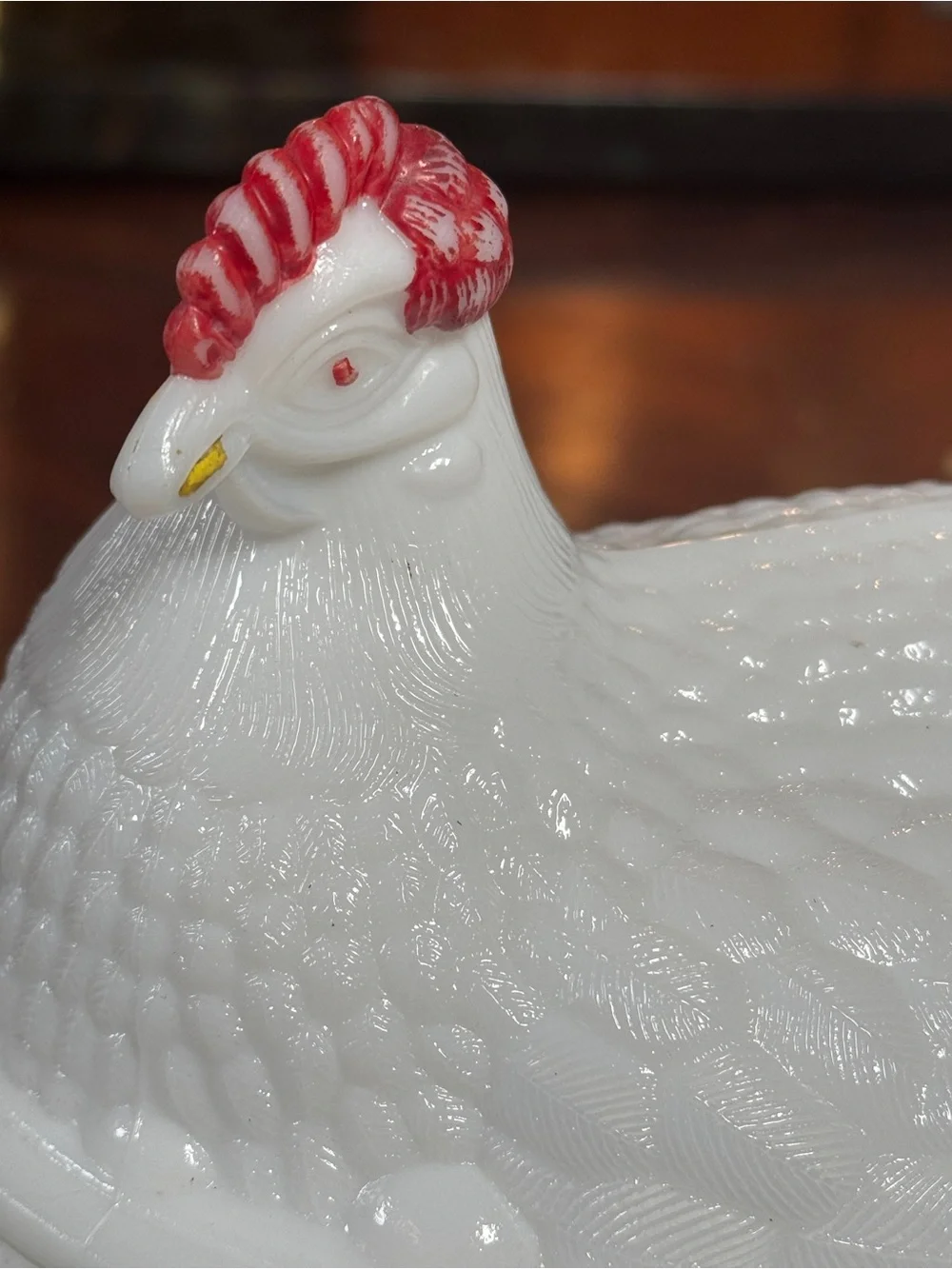 White Ceramic Hen on Nest Covered Dish with Red Comb